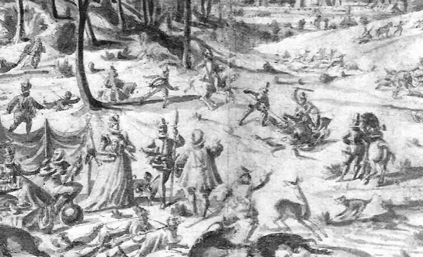 Foto: Wikipedia gemeinfrei Wildschweinjagd bei Bebenhausen, Federzeichnung laviert, 1576