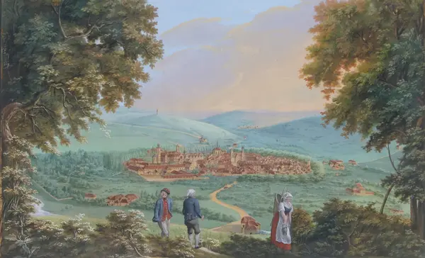 Farbige Ansicht zeigt Mergentheim mit Schloss, Kirchen und Stadtmauer, im Vordergrund den Fluss Tauber